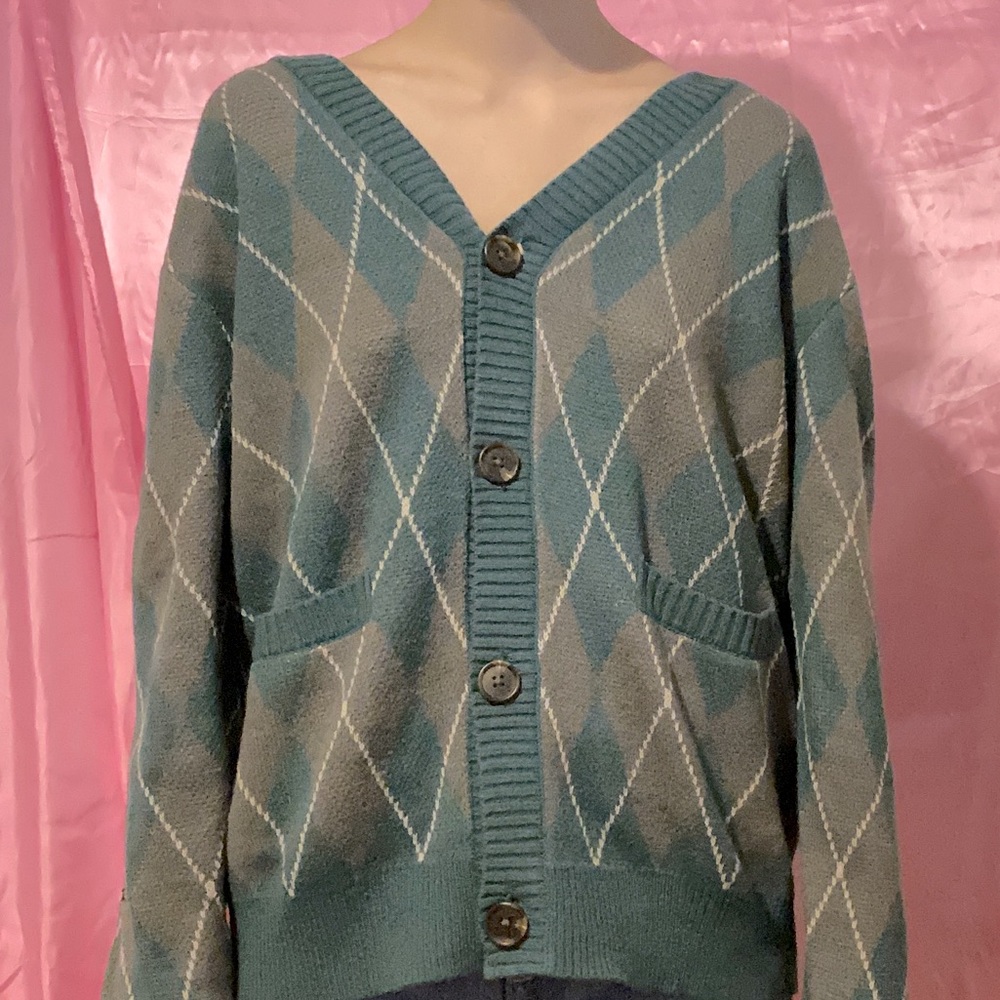 Y2K Preppy Argyle Emerald Green Oversized Cardigan